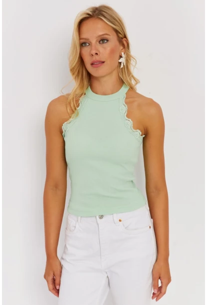 Kadın Mint-Siyah Halter Yaka Dantelli Bluz MK08