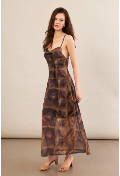 Kadın Multi Sırtı Açık Desenli Midi Tül Elbise İRE992