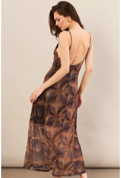 Kadın Multi Sırtı Açık Desenli Midi Tül Elbise İRE992