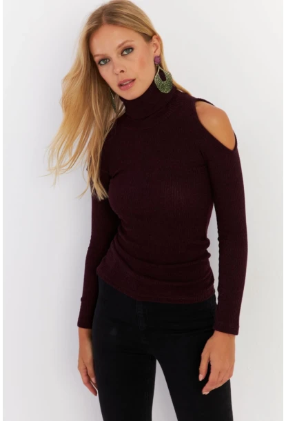 Kadın Mürdüm Omuzları Açık Kaşkorse Bluz HOR04