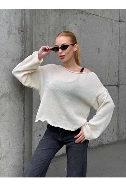 Kadın Omuz Açık Salaş Triko Kazak