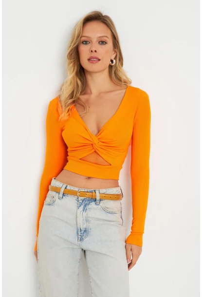 Kadın Önü Düğümlü Crop Bluz Turuncu AYD287