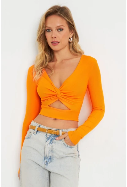 Kadın Önü Düğümlü Crop Bluz Turuncu AYD287