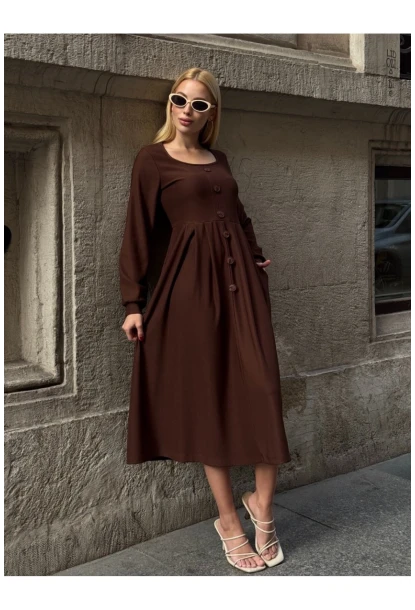 Kadın Ottoman Kumaş Düğme Detay Kahve Elbise