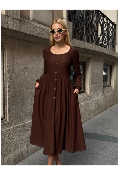 Kadın Ottoman Kumaş Düğme Detay Kahve Elbise