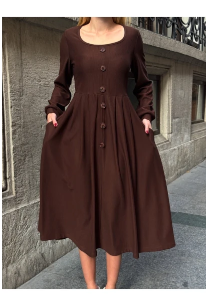 Kadın Ottoman Kumaş Düğme Detay Kahve Elbise