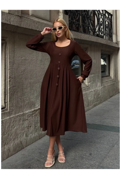 Kadın Ottoman Kumaş Düğme Detay Kahve Elbise