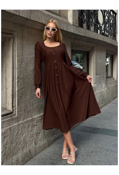 Kadın Ottoman Kumaş Düğme Detay Kahve Elbise