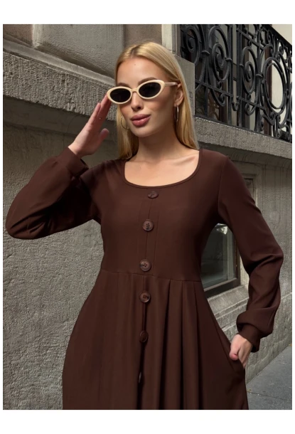 Kadın Ottoman Kumaş Düğme Detay Kahve Elbise