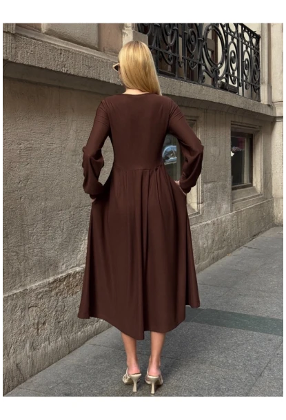 Kadın Ottoman Kumaş Düğme Detay Kahve Elbise