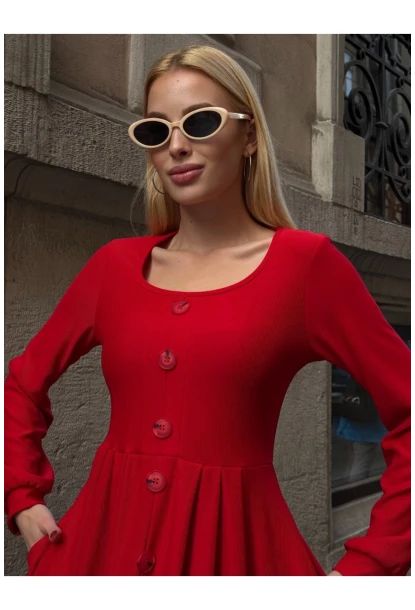 Kadın Ottoman Kumaş Düğme Detay Kırmızı Elbise