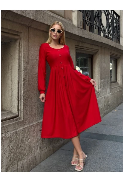 Kadın Ottoman Kumaş Düğme Detay Kırmızı Elbise