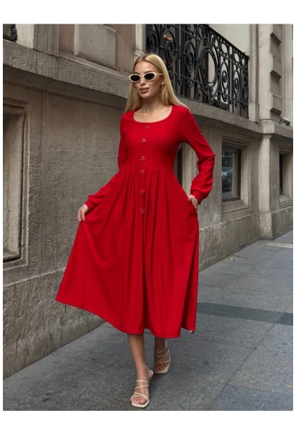 Kadın Ottoman Kumaş Düğme Detay Kırmızı Elbise