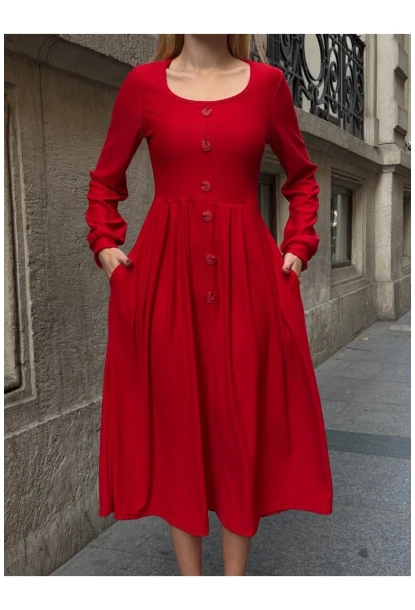 Kadın Ottoman Kumaş Düğme Detay Kırmızı Elbise