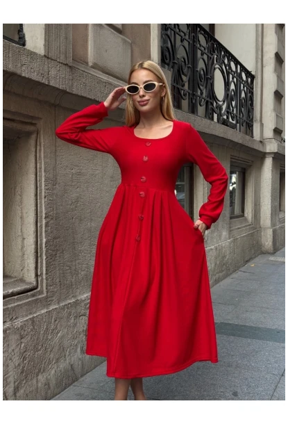 Kadın Ottoman Kumaş Düğme Detay Kırmızı Elbise