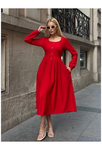 Kadın Ottoman Kumaş Düğme Detay Kırmızı Elbise