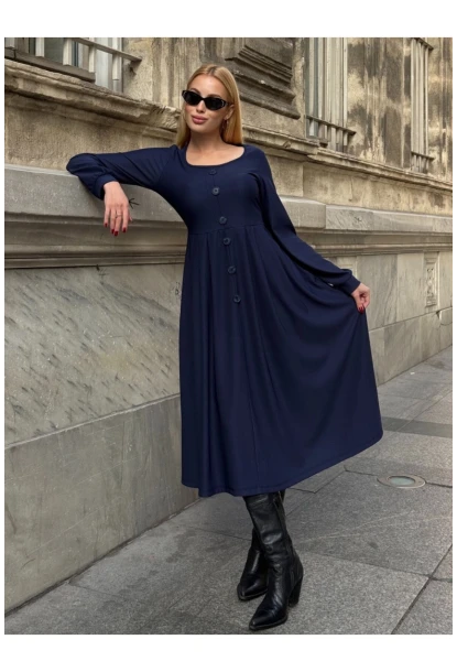 Kadın Ottoman Kumaş Düğme Detay Lacivert Elbise
