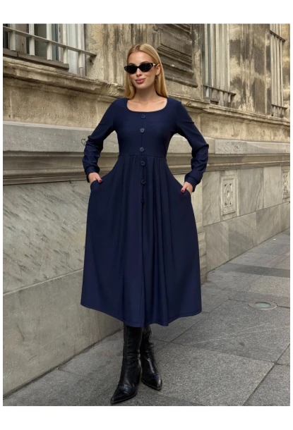 Kadın Ottoman Kumaş Düğme Detay Lacivert Elbise