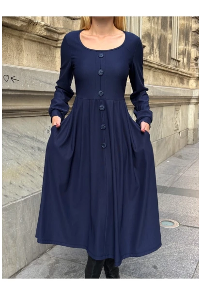 Kadın Ottoman Kumaş Düğme Detay Lacivert Elbise