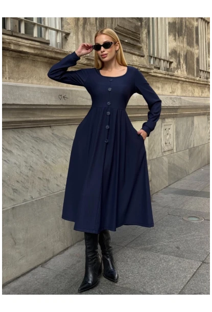 Kadın Ottoman Kumaş Düğme Detay Lacivert Elbise