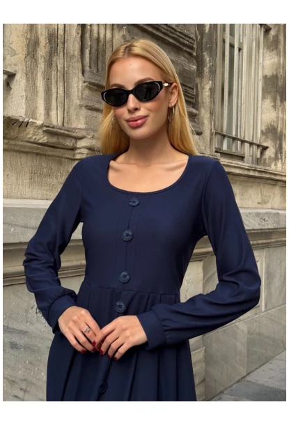 Kadın Ottoman Kumaş Düğme Detay Lacivert Elbise