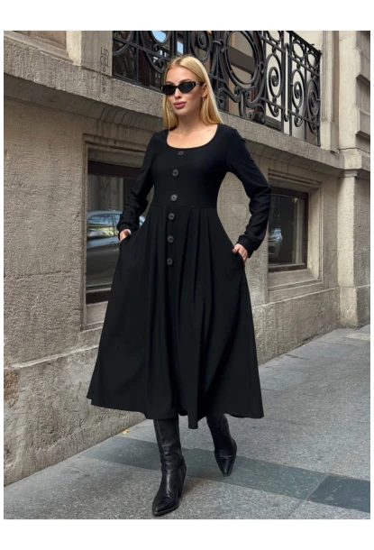 Kadın Ottoman Kumaş Düğme Detay Siyah Elbise