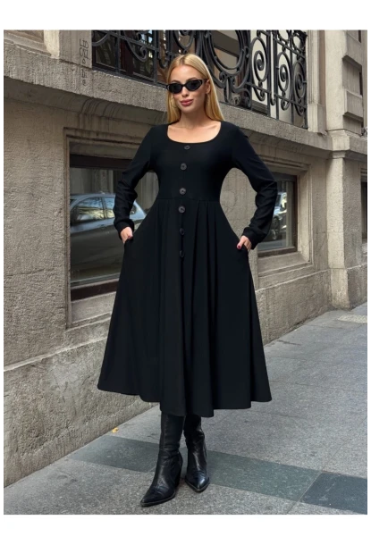 Kadın Ottoman Kumaş Düğme Detay Siyah Elbise