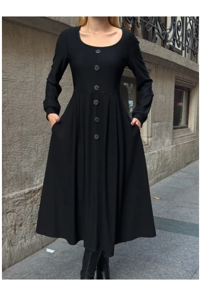 Kadın Ottoman Kumaş Düğme Detay Siyah Elbise
