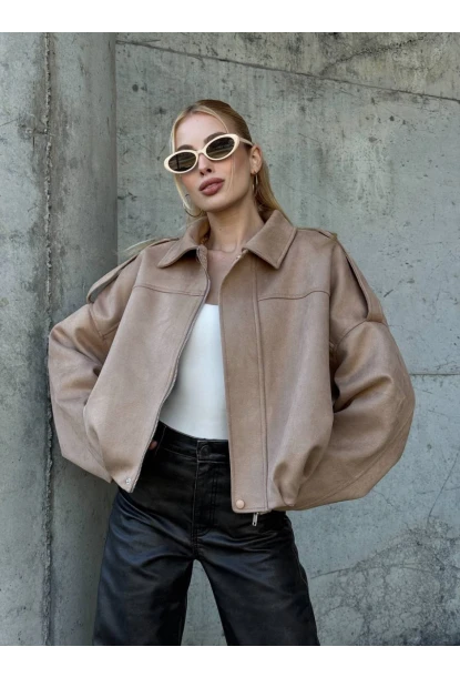 Kadın Oversize Bomber Süet Mont Bej