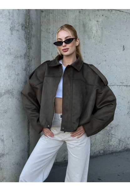 Kadın Oversize Bomber Süet Mont Haki
