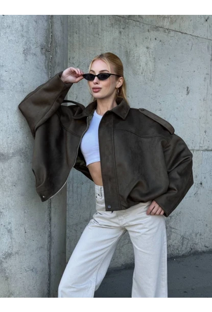 Kadın Oversize Bomber Süet Mont Haki