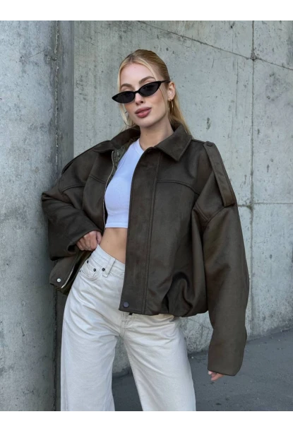 Kadın Oversize Bomber Süet Mont Haki
