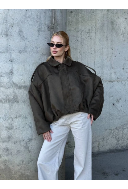 Kadın Oversize Bomber Süet Mont Haki