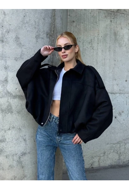 Kadın Oversize Bomber Süet Mont Siyah