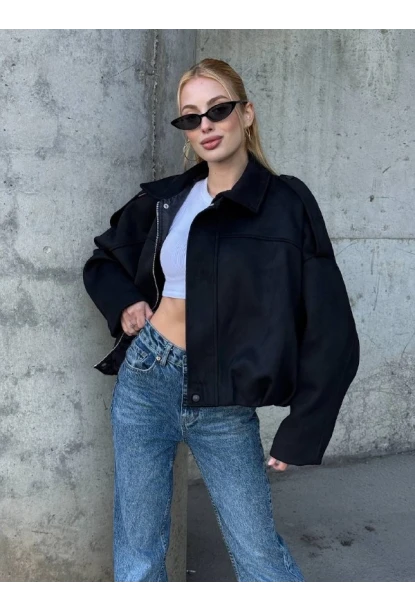 Kadın Oversize Bomber Süet Mont Siyah