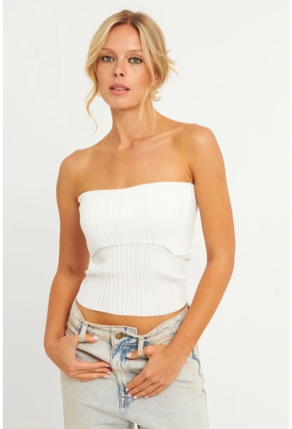 Kadın Pembe-Beyaz İkili Straplez Triko Bluz YV272