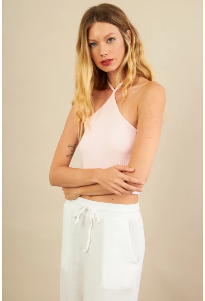 Kadın Pembe Boncuk Detaylı Sırtı Açık Bluz LPP1245-90