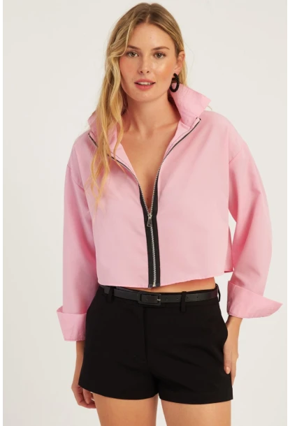 Kadın Pembe Fermuarlı Kısa Gömlek SF2541