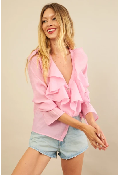 Kadın Pembe Fırfırlı Gömlek DMR487