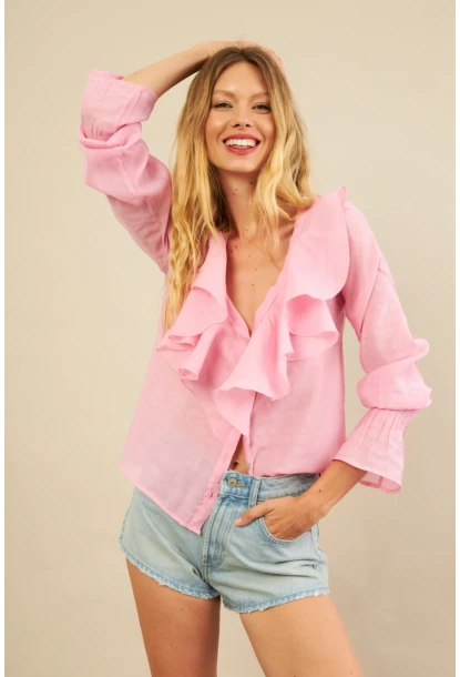 Kadın Pembe Fırfırlı Gömlek DMR487