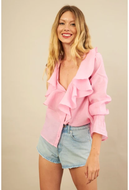 Kadın Pembe Fırfırlı Gömlek DMR487