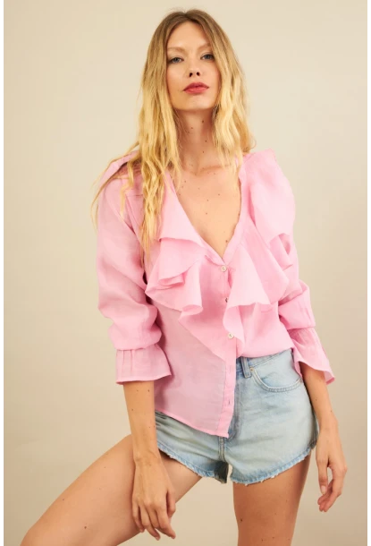 Kadın Pembe Fırfırlı Gömlek DMR487