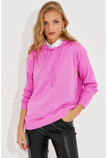 Kadın Pembe Kapüşonlu Cepli Triko Kazak YZ520