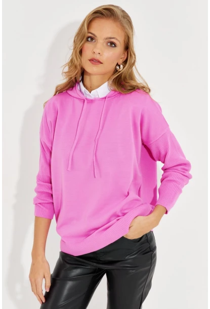 Kadın Pembe Kapüşonlu Cepli Triko Kazak YZ520