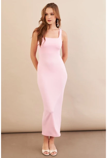 Kadın Pembe Kare Yaka Midi Elbise DMR295-90