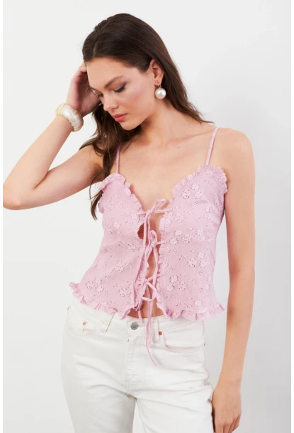Kadın Pembe Kendinden Desenli Tül Bluz KED7329