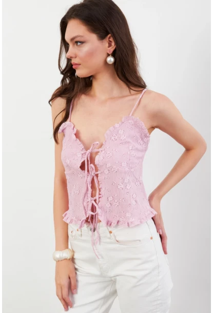 Kadın Pembe Kendinden Desenli Tül Bluz KED7329