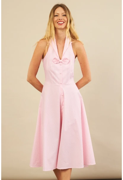Kadın Pembe Kurdele Detaylı Ekose Gömlek Elbise PSG1014