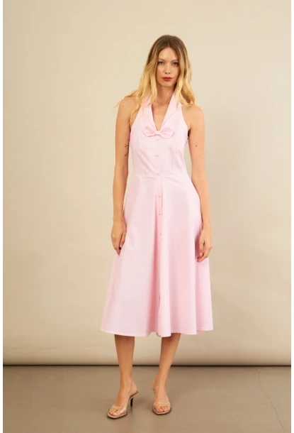 Kadın Pembe Kurdele Detaylı Ekose Gömlek Elbise PSG1014