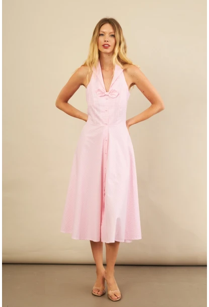 Kadın Pembe Kurdele Detaylı Ekose Gömlek Elbise PSG1014